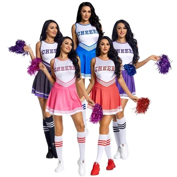 Cheerleading-Tanzkostüm für Damen, ärmellos, V-Ausschnitt, Buchstaben bedruckt, bauchfreies Top mit Faltenrock