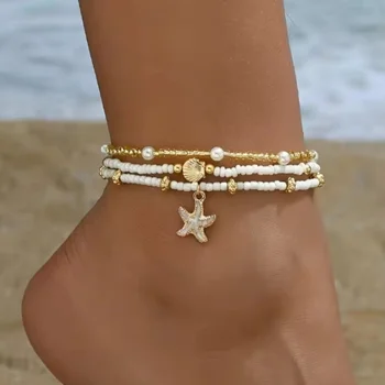 Nette Seestern Shell Reis Perle Mehrschichtige Fußkettchen Für Frauen Fuß Kette Knöchel Armband Strand Schmuck