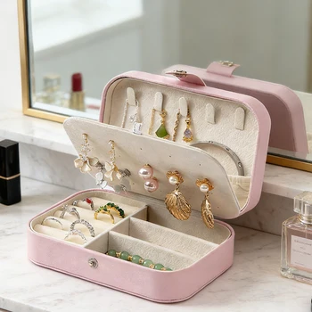 Tragbare Schmuckschatulle mit mehreren Fächern und Samtfutter - reisefreundlicher rosa Schmuck-Organizer