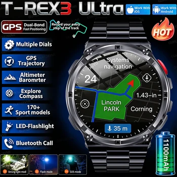 T-Rex3 Pro 1100mAh Akku Smartwatch GPS-Pfadverfolgung 5ATM Wasserdicht Sport-Lauftracker Outdoor-Kompass