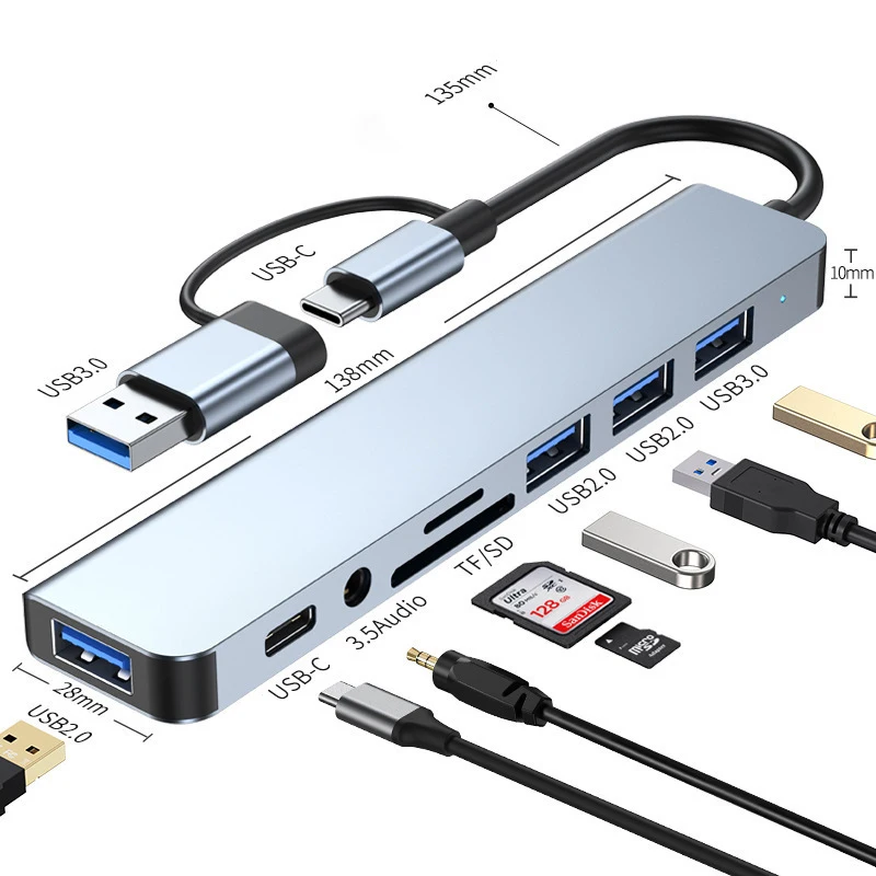 USB und USB-C Hub 8-in-2 mit Micro-SD Kartenleser und 3,5 mm