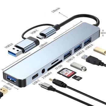 USB und USB-C Hub 8-in-2 mit Micro-SD Kartenleser und 3,5 mm Audio