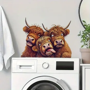 Drei lustige und niedliche schottische Hochlandkuh-Vinylaufkleber, helle Wand für Zuhause, Schrank, Tür