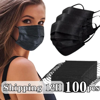 Schwarze Einweg-Schutzmaske - 3 Schichten atmungsaktiv und bequem, sehr gut geeignet für Outdoor (100 Stück)