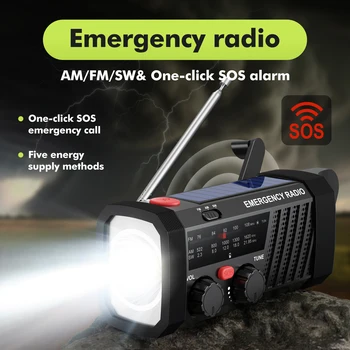 Notfallradio mit SOS-Alarm, AM/FM/SW & Taschenlampe. 2000mAh Akku & Solar-/Handkurbel-Aufladung