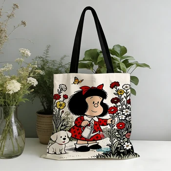 Vintage Cartoon Mädchen und Welpe Garten-Tragetasche mit Niedlicher Bewässerungsszene, Leuchtend Roten