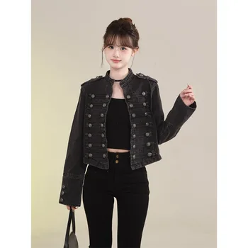 Damenbekleidung Kurzmantel Neue Jeansjacke Retro-Knopfdesign Schlanker Stehkragen Lange Ärmel Jeansoberteil