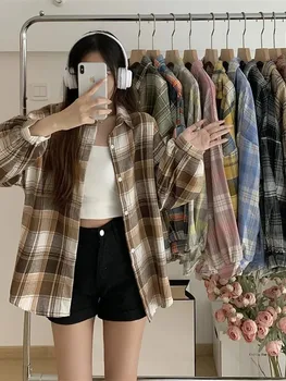 Kariertes Hemd Frauen Mode Herbst Langarm Top Weibliche Vintage Einreiher Bluse Damen Adrette Lose Überprüfen