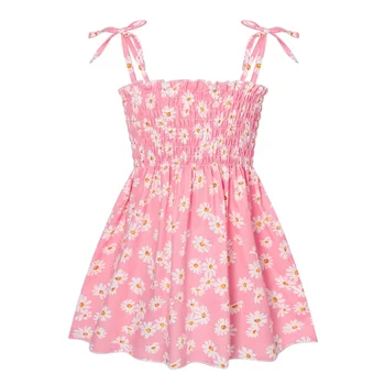 Sommerkleid für Mädchen, Prinzessin, Strandkleid, trägerlos, Blumendruck, ärmellos, Partykleidung, einfarbig