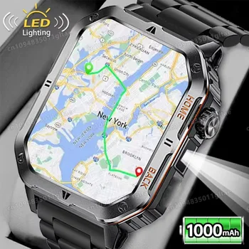 Militärische Outdoor-Smartwatch für Herren mit GPS, Taschenlampe, Bluetooth-Anruf