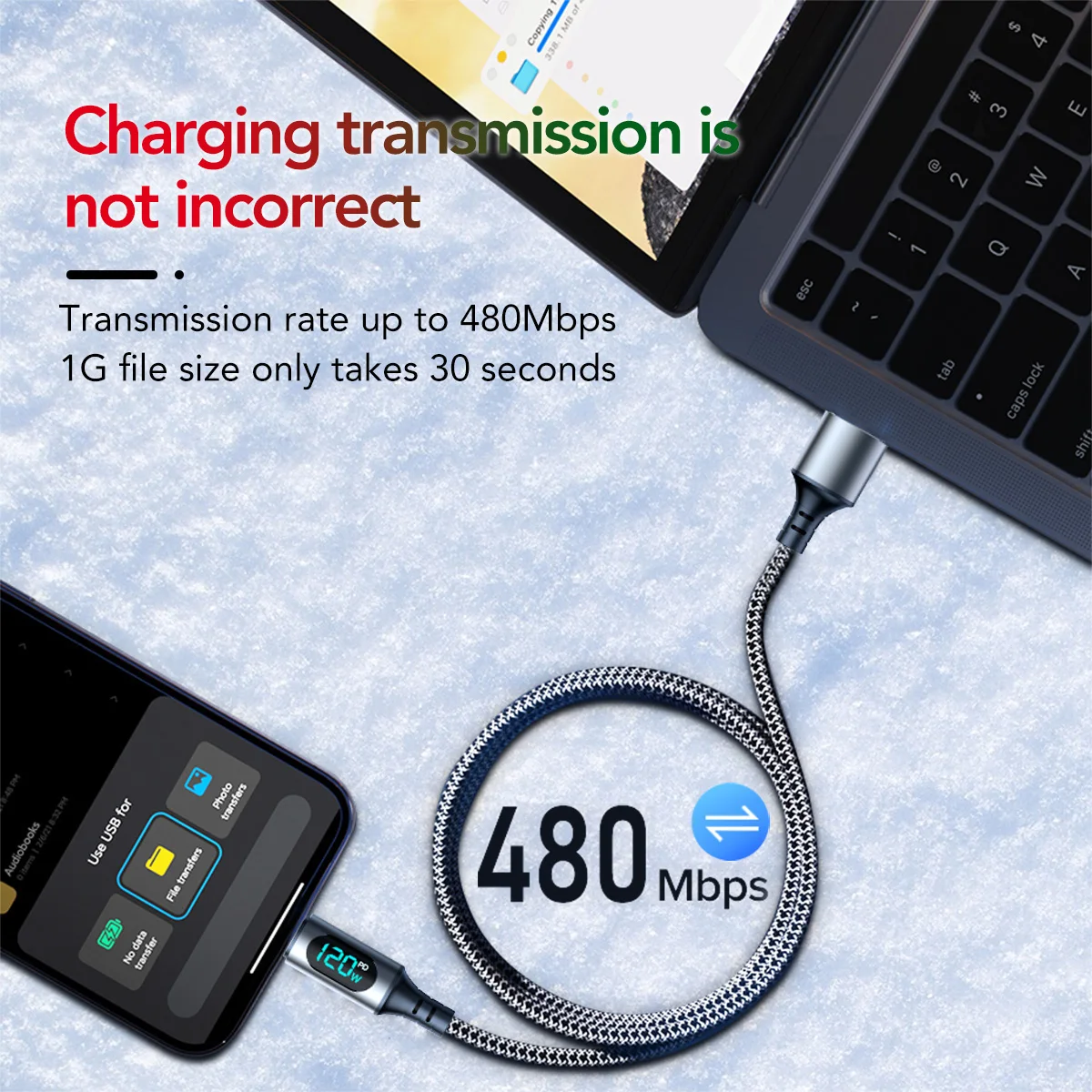 USB-A auf USB-C Kabel 120 W, 6 A, Nylon, mit LED-Anzeige – Bild 2