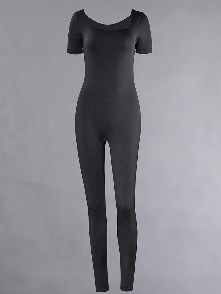 Damen Stram pler Kurzarm solide dünne Bodycon Overalls Mode – Bild 2