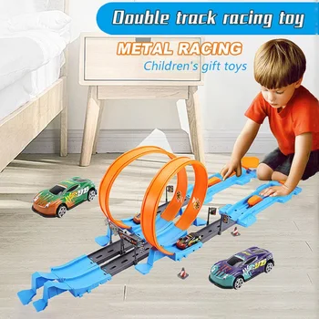 Hot Stunt Speed Doppel auto Räder Modell Rennstrecke DIY montiert Rail Kits Katapult Rail Car Racing Boy