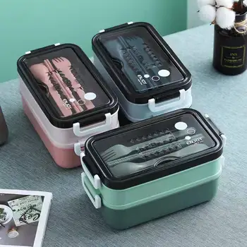 1400ml Doppel-schicht Lunch Box Tragbare Fach Lebensmittel Box Mikrowelle Lunch Box Mit Gabel Stäbchen