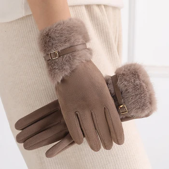 Damen-Winterhandschuhe mit Fleecefutter, warm, winddicht, kältebeständig, Plüschdekoration