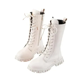 Weiße Schnürstiefel für Mädchen mit Seitenreißverschluss, Weiche Sohle, Leder-Kleiderstiefel/Schulstiefel