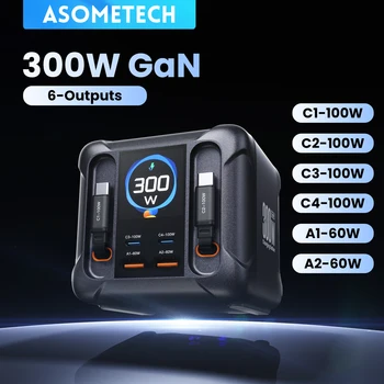 ASOMETECH 300W GaN USB-Ladegerät mit LED-Anzeige, einziehbares Typ-C-Kabel, 100W 65W PD3.0 PPS