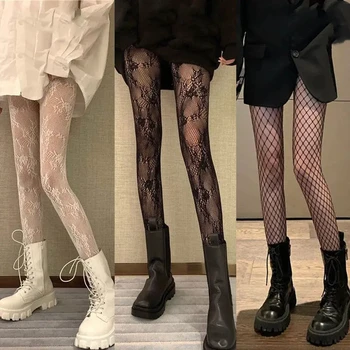 Klassische Lolita-Strümpfe mit ausgehöhlter Spitze und Netzstoff, Strumpfhose mit Bodenabschluss, heiße