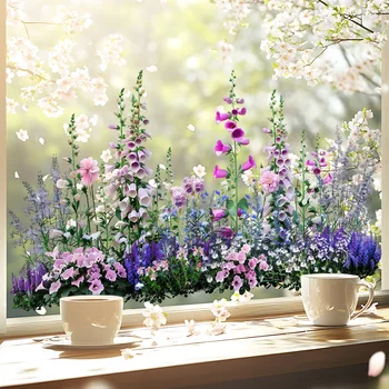 Gartenstil-Blumenmuster-Fensteraufkleber, abnehmbare doppelseitige Blumen-Fensterfolie für Küche