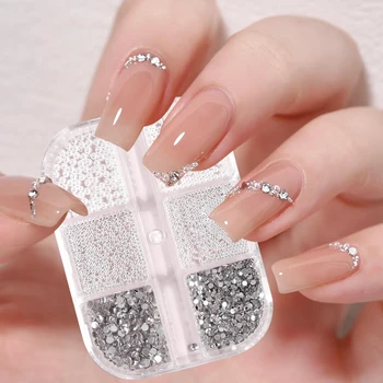 6 Gitter 3D Nail Art Strasssteine Weiße runde Perle Nageldekoration Charm Stahlperlen Edelsteine Schmuck