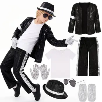 Kinder Cosplay Tanz Star Kostüm Set Metallisch Glänzend 80er 90er Jahre Bühnenparty Outfit Jungen Mädchen