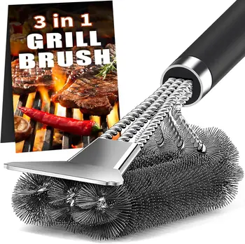 Grillreinigungsbürste aus Edelstahl, Grilldrahtbürste für den Außenbereich mit Schaber, Grillzubehör