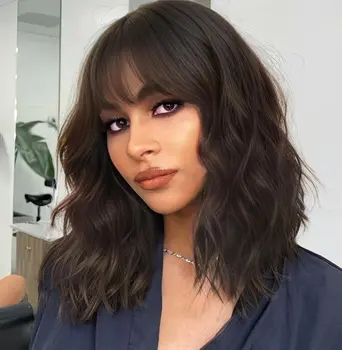Haar natürliche braune synthetische lockige gewellte Bob Perücke mit Pony für Frauen