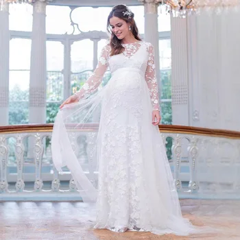 Umstandskleid, langes Maxi-Kleid, Spitze, langärmelig, V-förmig, hinterer Saum, Puffärmel