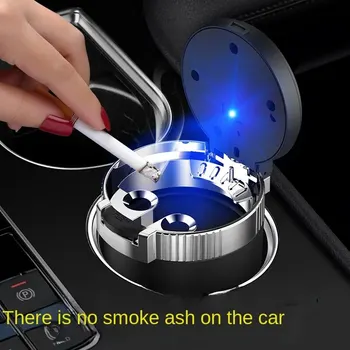 Auto-Aschenbecher, kreative Persönlichkeit, Auto-Aschenbecher mit Deckel, LED-Licht, doppelter
