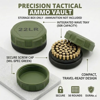 Mini .22LR Munitions-Aufbewahrungsbox im Taschenformat, Platz für 50 Schuss, sicherer Schraubdeckel, robustes