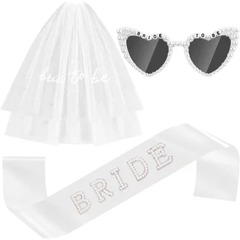 Braut-Zubehör-Set mit Schleier, Schärpe und Sonnenbrille für Junggesellinnenabschied, Brautparty, Verlobung