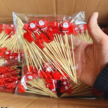 Weihnachten Obst Sticks Einweg Bambus Sticks Schneeflocke Weihnachten Baum Elch Santa Claus (50 Stück)