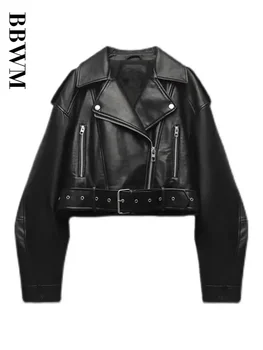 BBWM Frauen Übergroße Vintage Lose Pu Faux Leder Kurze Jacke mit Gürtel Streetwear Weibliche Zipper Retro Moto