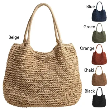 Frauen Strohs ack Tasche Handtasche große Kapazität Vintage Umhängetasche einfarbig einfache Web handtasche