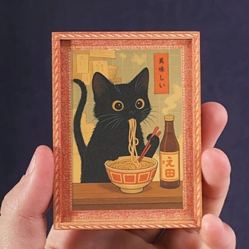 Mini-Gerahmter Magnet mit Schwarzer Katze, die Ramen isst, Niedlicher Japanischer Katzen-Kühlschrankmagnet