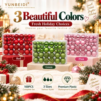 100 Weihnachtskugel-Sets, 3 Größen, Kunststoff-Hängekugeln, Weihnachtsbaumdekoration, Heim