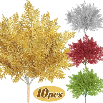 Glitzernde künstliche Tannenzweige, gefälschte Pflanze, Weihnachtsbaumschmuck, goldglitzernde