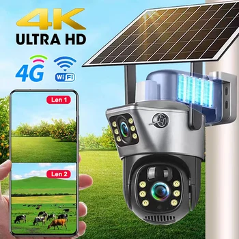 4G / WLAN Solarkamera mit Doppellinsen für Außenbereich, 8MP 4K Energiesparende Akku-IP-Kamera, PIR