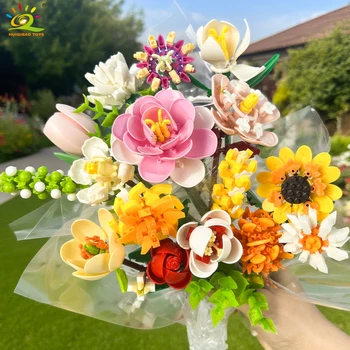 HUIQIBAO MOC Blumenstrauß Modell Micro Baustein DIY Rose Ewige Hause Schreibtisch Pflanze Dekoration Ziegel