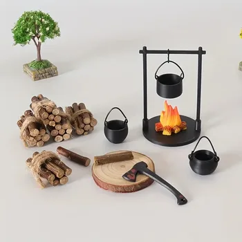Mini Lagerfeuer Hängen Herd Topf Puppenhaus Camping Picknick Brennholz Haufen Sand Tisch Micro Landschaft