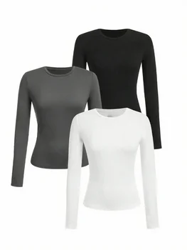 Einfarbiges Langarm-T-Shirt für Damen - Strickstoff aus Polyester, Rundhalsausschnitt, normale Passform