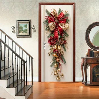1 Weihnachtswanddekoration - Hängedekoration mit roten Glöckchen und grünen Blättern
