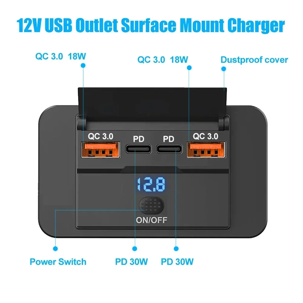 Auto-Ladeadapter mit Schalter 2/4 Anschlüsse 12V 24V PD QC3.0 – Bild 2