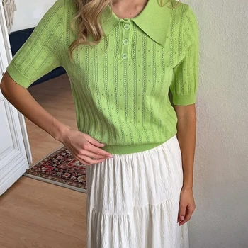 Frauen Vintage Strick Crop Tops Büro Dame Kurzarm Drehen Unten Kragen Pullover Strickwaren Casual Einfarbig