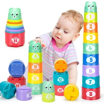 Stapelbecher Früherziehung Puzzle Stapelbarer Regenbogenturm mit Zahlen Buchstaben Formen (9 Stück)