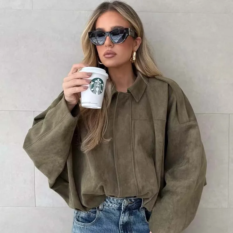 YENKYE Neue 2025, Frauen Wildleder Strukturierte Bomber Jacke – Bild 2
