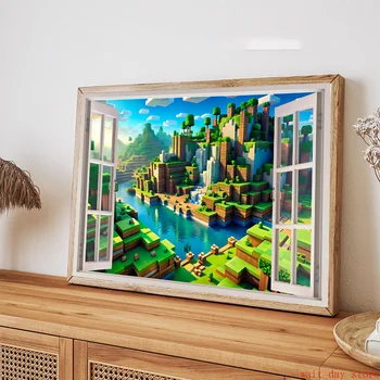 Block-Pixel-Videospiel-Landschaft 3D-Fenster-Effekt Poster Leinwanddruck für Wohnzimmer Gaming Heim-Dekoration