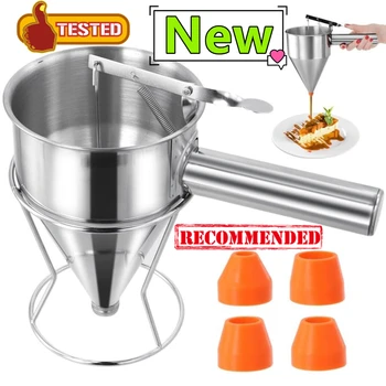 1200/600 ml Edelstahl Trichter Spender mit Rack Cupcake Pfannkuchen Teig Maker Octopus Fisch Ball Home Küche