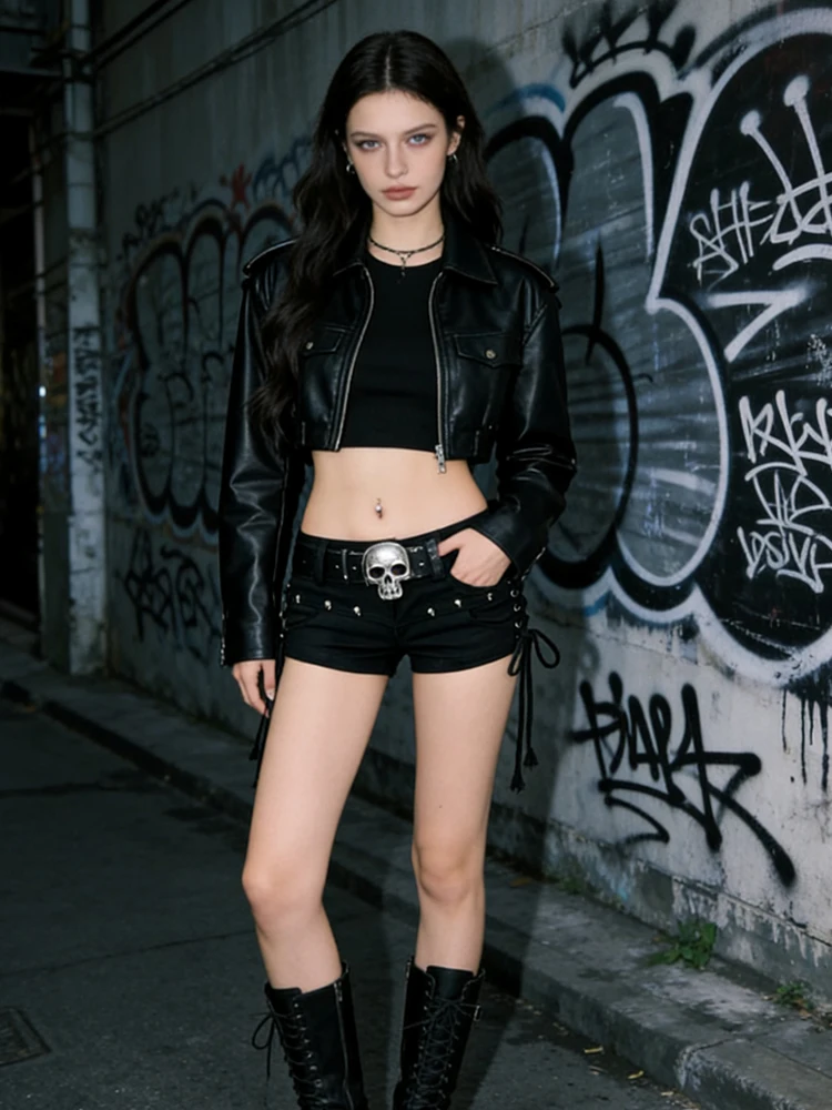 Damen schwarze Gothic Denim Shorts Vintage ästhetische – Bild 2