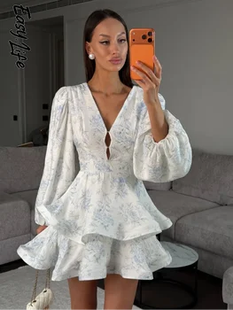 Damen-Minikleid mit Blumenmuster, V-Ausschnitt, Ballonärmeln, Schlüsselloch-Detail und gestuftem Rüschensaum
